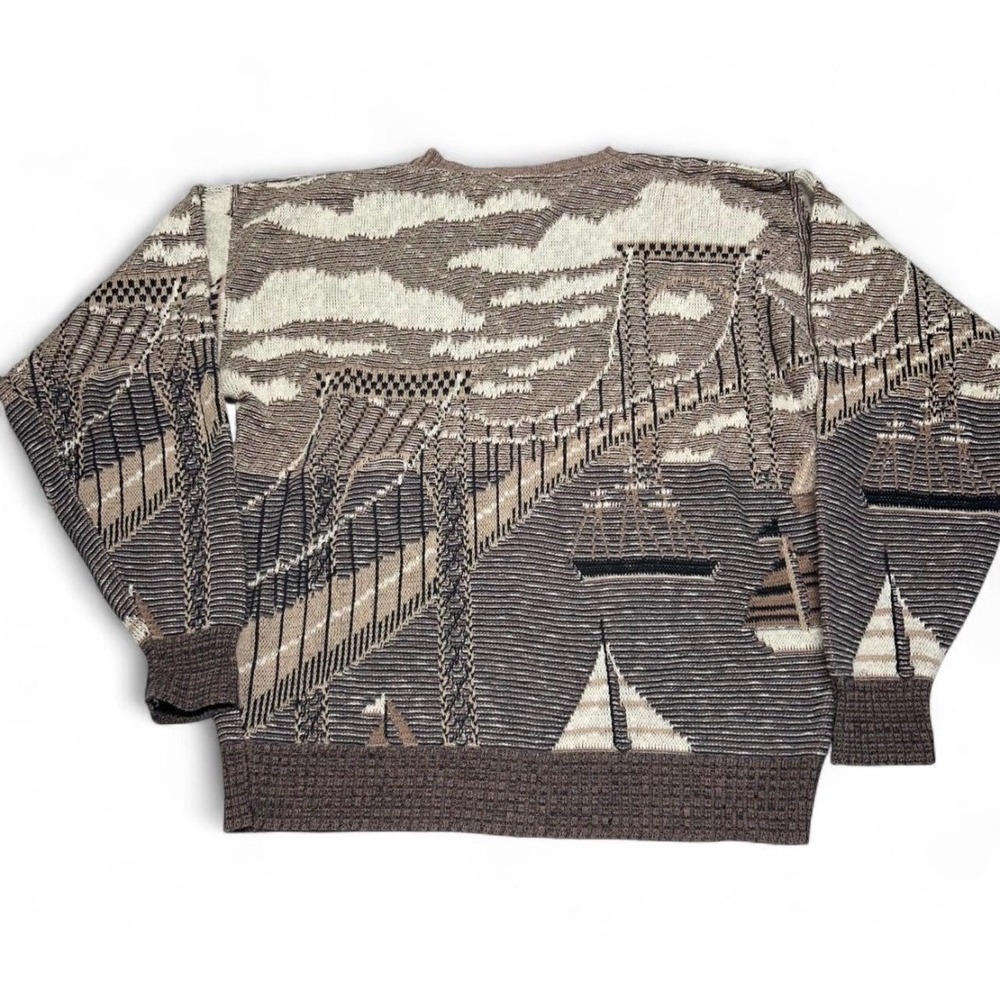 Crossings Vintage 90s Gateway Bridge Sailboat brown Knit Sweater Mens Medium - Picture 2 of 6